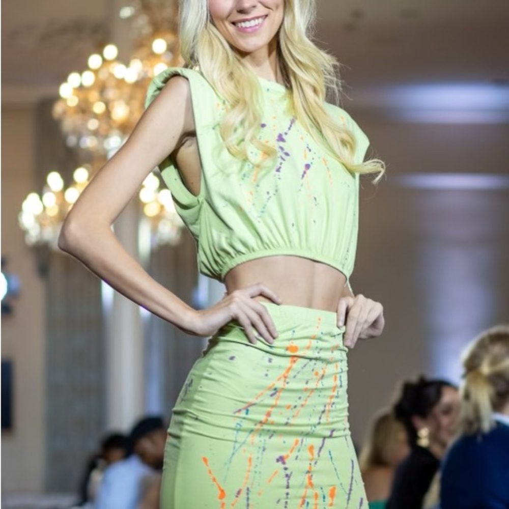 Stylish Splashed Green 2pc Skirt Set (One of a kind)